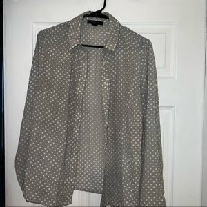 Grey with white polka-dots long sleeve buttons down size large (10).
